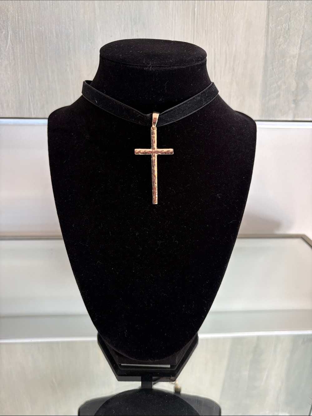 Gold Cross Pendant Choker Necklace on Black Velvet Cord